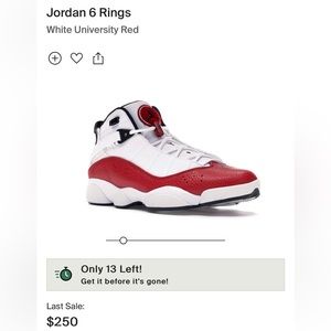 Jordan 6 Rings White University Red size 8 selling for $250+ currently worn once